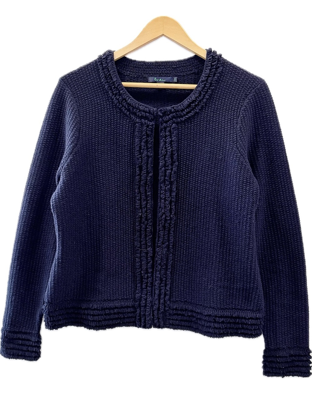 Boden Wool Boucle Fringe Cardigan Size 16 Navy Collarless Knit Sweater Jacket